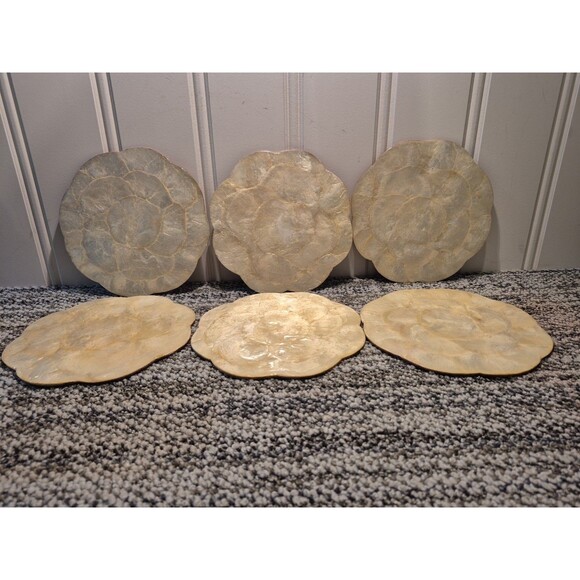 6 Capiz Shell Cork Backed Round With Scallop Edge Placemat/Trivets Phillipines - Picture 2 of 16